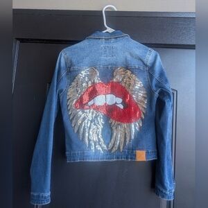 Stylish Denim Jacket with Sequin Lips Design